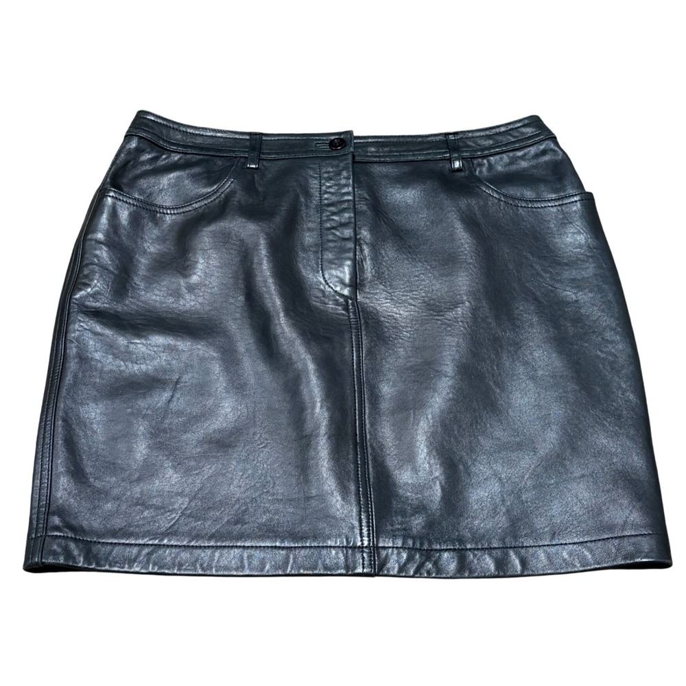 Emanuel Ungaro Liberté Black Leather Mini Skirt Pockets Lined 12P